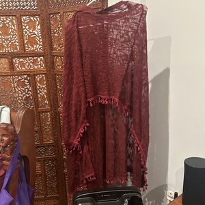 Kensie Maroon Sheer Kimono with Fringe